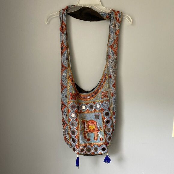 Blue embroidered elephant tote/big shoulder bag mirror hippie sling festival - Picture 1 of 5
